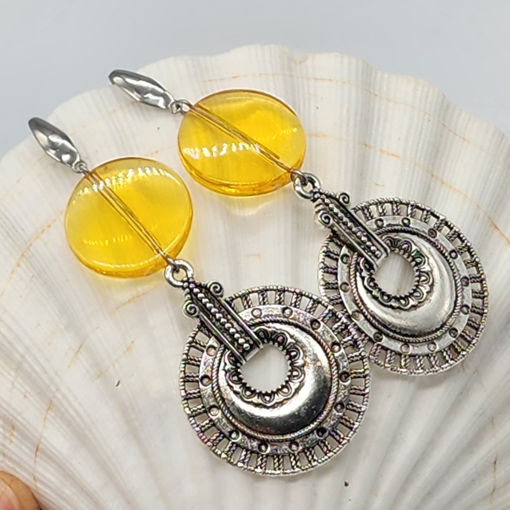 Free People Jewelry Beewax Amber Silver "Inka" Discs Dangling Earrings - Picture 10 of 13